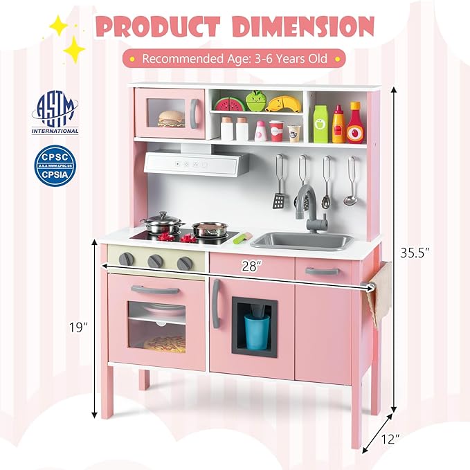 Costzon Kids Kitchen Playset, Wooden Pretend Toddler Kitchen Toy Set w/Sound, Microwave, Oven, Ice Maker, Range Hood, Stoves, Sink & 18 Accessories, Pink Play Kitchen for Girls Ages 3+