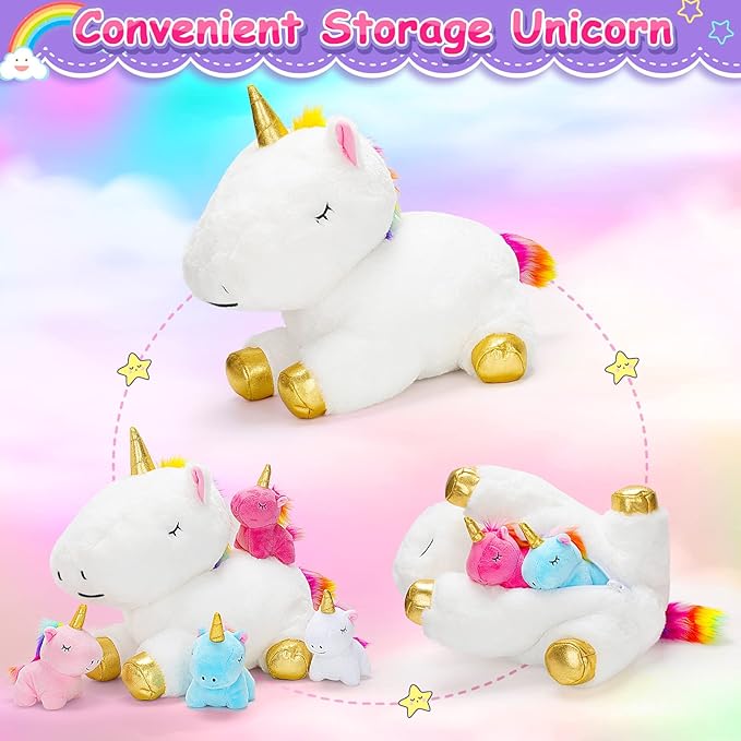 KMUYSL Toys for Girls Ages 0 1 2 3 4 5 6 7 8+ Years - Unicorn Mommy Stuffed Animal with 4 Baby Unicorns in Her Tummy, Soft Unicorn Plush Toys Set, Christmas Birthday Gifts for Baby, Toddler, Kids
