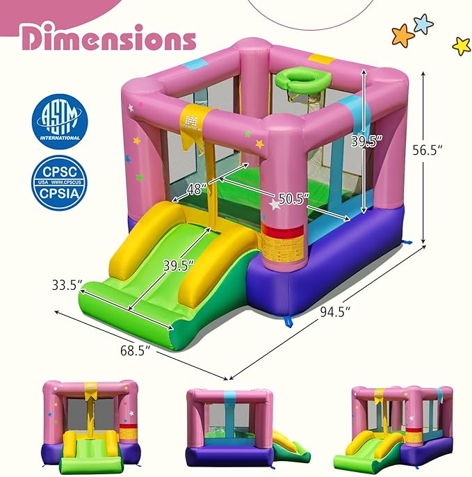 BOUNTECH Inflatable Bounce House, Bouncy House for Kids 3-12 Indoor Outdoor w/480W Blower, Jumping Area, Slide, Basketball Game, Mini Bounce House for Toddler Boys Girls Birthday Party Backyard Gifts