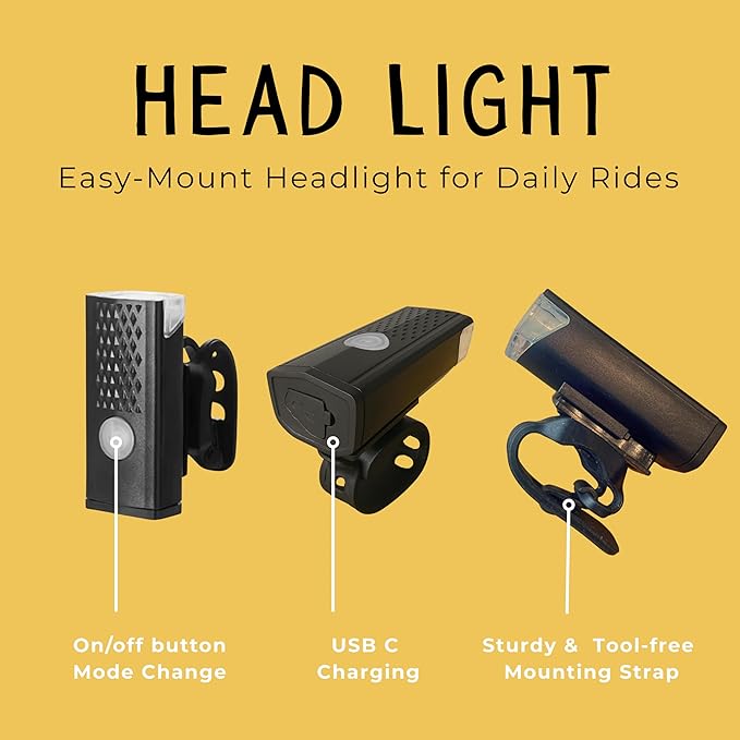 VivBike Rechargeable Bicycle Lights Set for Daily Use, LED Front Light and Rear Light, USB-C, IPX4 Waterproof, Easy Mount | A HerTime2 Brand