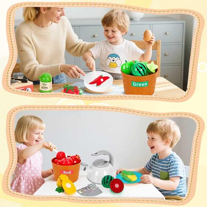 90Pcs Kitchen Playset Accessories, Pretend Cooking with Pots, Pans, Cookware, Food, Fruit, Veges, Color Sorting Baskets, Prop Money, Learning Gift for Girls Boys Toddlers (White)