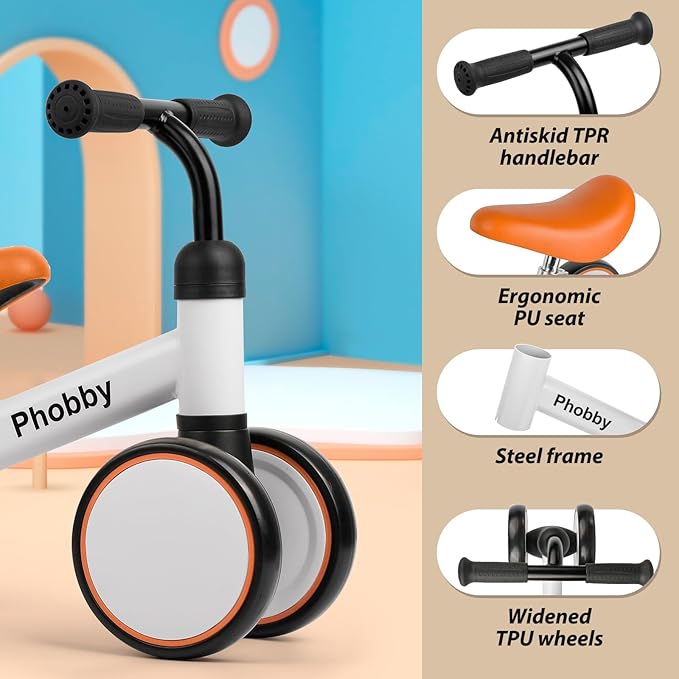 Baby Balance Bike for 1 2 Years Old Boys Girls, 4 Wheels Toddler Bike with Adjustable Seat, 12-24 Months Kids First Birthday Christmas Toy Gift