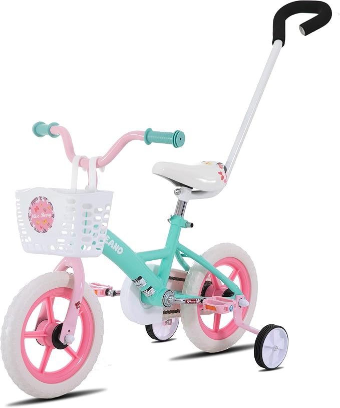 KEANO Voyager 10 12 Inch Kids Bike for Boys and Girls Ages 1-4 Years, Toddler Bike with Training Wheels & Basket, Detachable Parent Push Handle, Children Bicycle