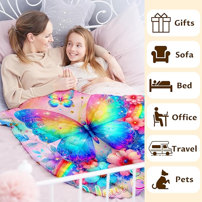 Personalized Blanket for Girls, Butterfly Throw Blankets Gift for Kids Teens Butterfly Lovers, Custom 80"x60" Flannel Throws for Couch Sofa Bed Travel