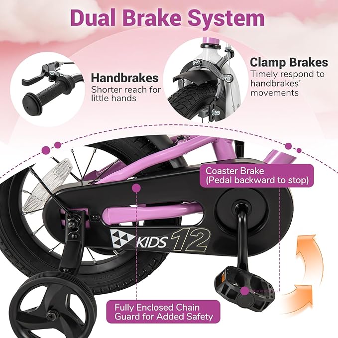 COSTWAY 12/14/16/18 Inch Kids Bike, Children Toddler Bicycle with Training Wheels, Adjustable Seat & Handlebar, Handbrake & Coaster Brake, Reflectors, Bell, Suitable for 3-8 Years Old Boys Girls