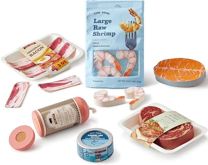 Tiny Land Organic Play Food Set - 6PCS Wooden Seafood & Meat Toy Set for Kids, Pretend Grocery for Kitchen Play, Montessori Toy Gift