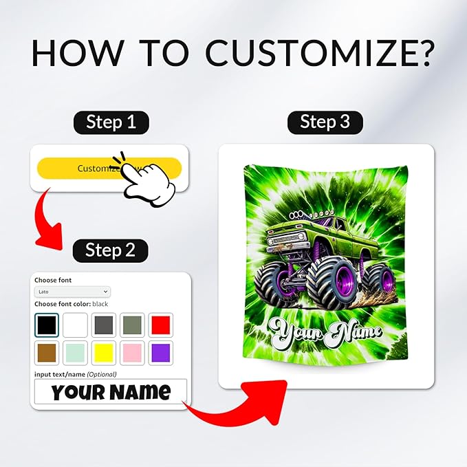 UNIKITTY Boys Blanket Gifts, Personalized Truck Blanket for Kids, Tie Dye Fuzzy Throw for Truck Lovers, Custom Throw with Name (4 Sizes)