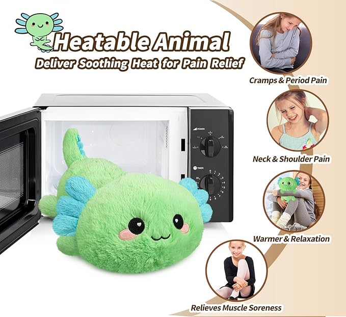 Cuckool Mint Axolotl Stuffed Animals, Microwavable Stuffed Animals Heating Pad for Cramps, Pain Stress Relief, Heatable & Coolable Lavender Scented Plush Toys for Anxiety, Women & Kids Bedtime