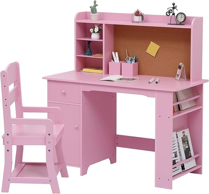 Garvee Kids Desk, Study Desk and Chair Set for Boys and Girl, Wooden Kids Writing Table with Bookshelf, Bulletin Board, Cabinet and Drawer for Ages 3-8, Pink