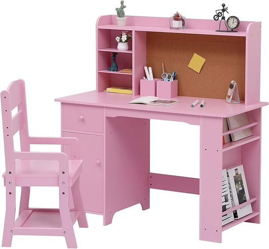Garvee Kids Desk, Study Desk and Chair Set for Boys and Girl, Wooden Kids Writing Table with Bookshelf, Bulletin Board, Cabinet and Drawer for Ages 3-8, Pink