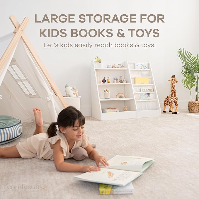 Comfy Cubs Kids Bookshelf 35.2 x 15.7 x 31.5 Inches - Sturdy MDF Montessori Book Shelf with Soft & Hard Shelves for Toys & Books - Child-Friendly, Easy Access Storage Organizer for Kids - White
