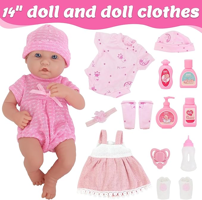 UNICORN ELEMENT 14 Inch Reborn Baby Girl Doll with Baby Doll Clothes and Accessories, 15 Piece Soft Body Dolls with Gift Box - Pacifier, Feeding Bottle Etc, Gift for Girls Toddlers 3+