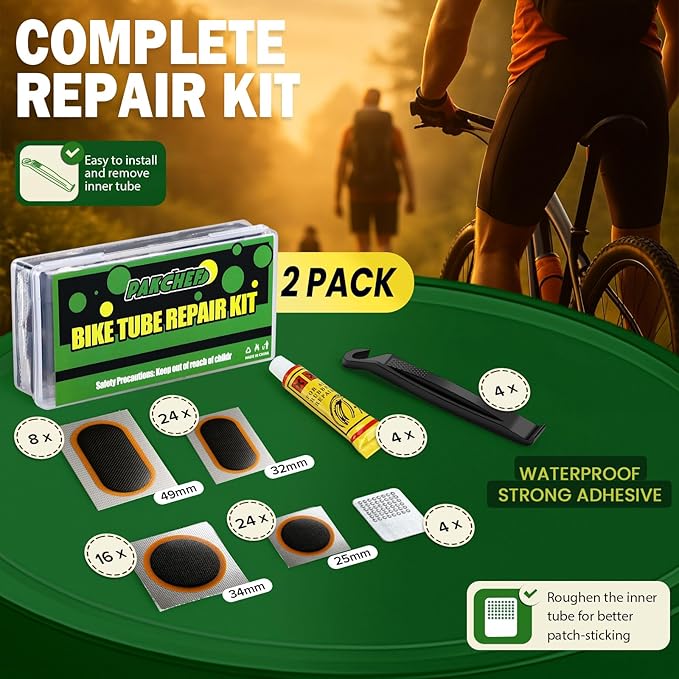 72 PCS Bike Tire Patch Kit - Bicycle Tube Patch Kit Tool Set - 4 Sizes Vulcanizing Patches for Road, Mountain Bike, Scooter, Ebike - Cycling Emergency Flat Tire Repair