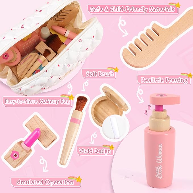 Wooden Makeup Toy Set for Girls: Pretend Makeup Play Set for Toddlers 3-5 - Kids Makeup Set with Eyeshadow/ Mascara/ Mirror/ Bag - Gifts Toys for 3 4 5 6 7 8 Years Old Kids Children