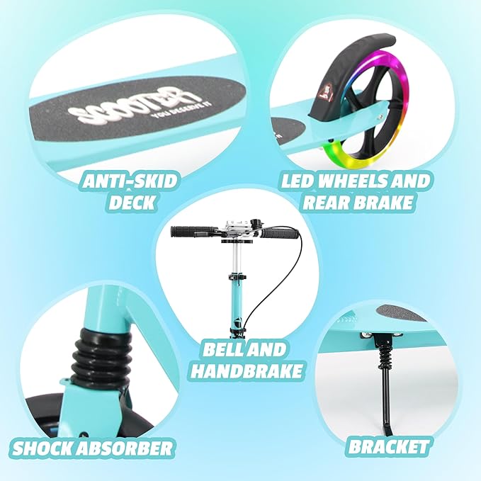 Scooter for Kids Ages 8+ Teens & Adults, Lightweight Kick Scooter with Carry Strap Adjustable Height Equipped with Front handbrake and Rear Brake, Big Sturdy PU Flash Wheels