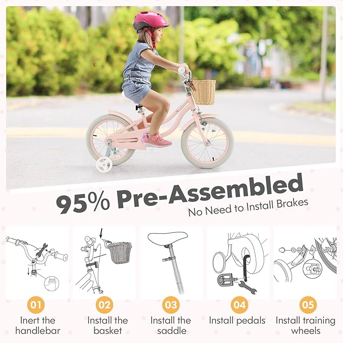 COSTWAY Kids Bike, 14 16 18 Inch Toddler Bike with Training Wheels, Basket, Adjustable Seat & Handlebar, Hand & Coaster Brakes, Bell, for Girl Boy Aged 3-8 Years Old