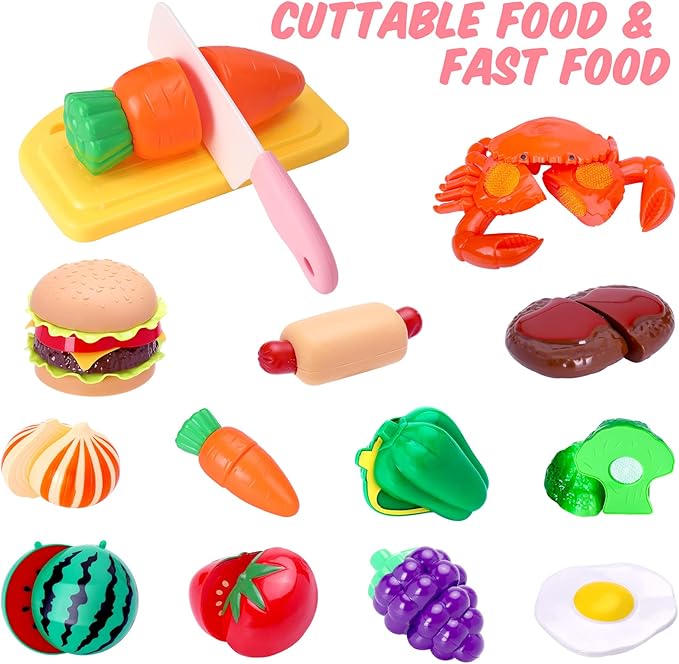 Kids Play Kitchen Accessories Set, Pretend Kids Pots and Pans Playset Toddler Cooking Set Play Kitchen Toys with Fake Play Food Dishes Utensils for Girls Boys Ages 1 2 3 4 5 6 7 8, Pink