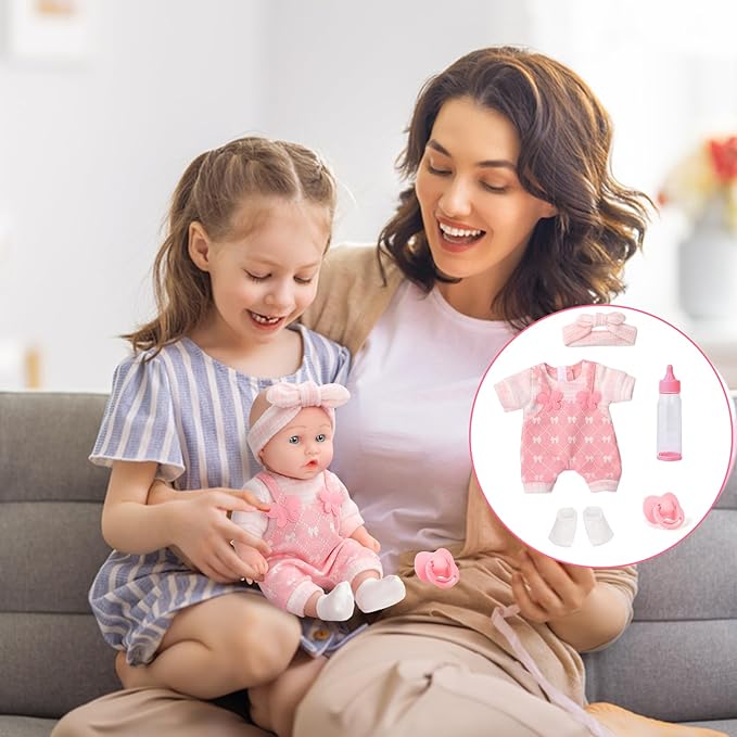 12" Baby Doll with Clothes and Accessories Set in Gift Box,12 Inch Baby Care Game Playset with Pacifier Feeding Bottle First Baby Dolls Toy Stuff Gift Idea for Toddler Girl Age 3+