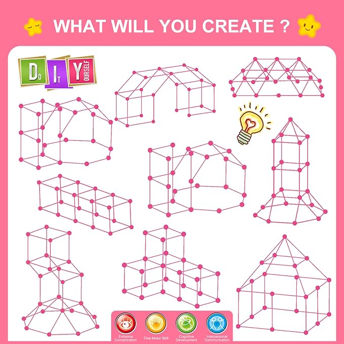SpringFlower Fort Building Kit for Kids,STEM Construction Toys, Educational Gift for 4 5 6 7 8 9 10 11 12 Years Old Boys and Girls,Ultimate Creative Set for Indoor & Outdoors Activity,200 Pcs,Pink