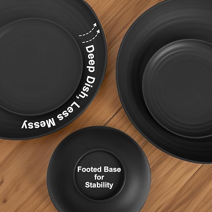 Wheat Straw Dinnerware Sets for 8,Plastic Plates and Bowls Sets 32-Piece, Unbreakable & Lightweight Dish Set, Camping Plates, Cereal Bowls, Cup Sets for Kitchen, Apartment Essentials - Black