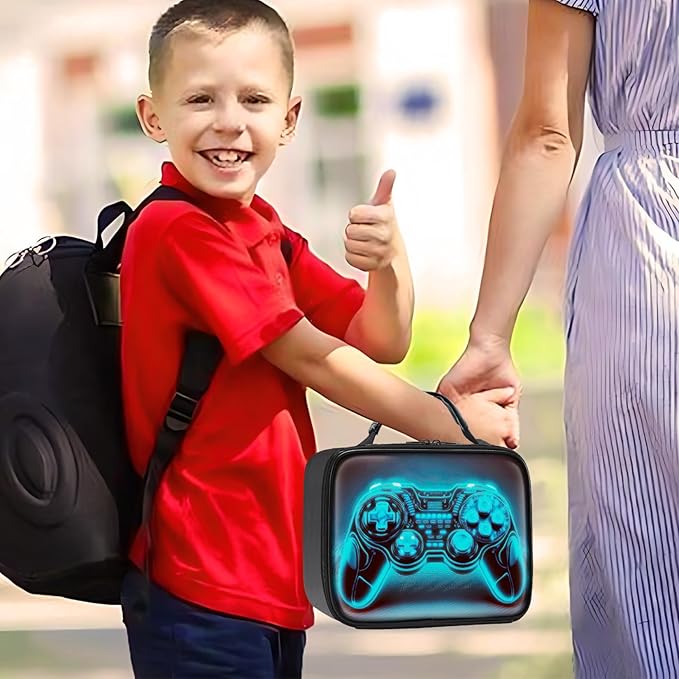 Gamer Lunch Box for Boys,Leather Boys Lunch Bag for Kids,Gamer Gifts for Kids,Insulated Video Game Lunchbox,Reusable Portable Lunchbox for School Travel Picnic Hiking Beach