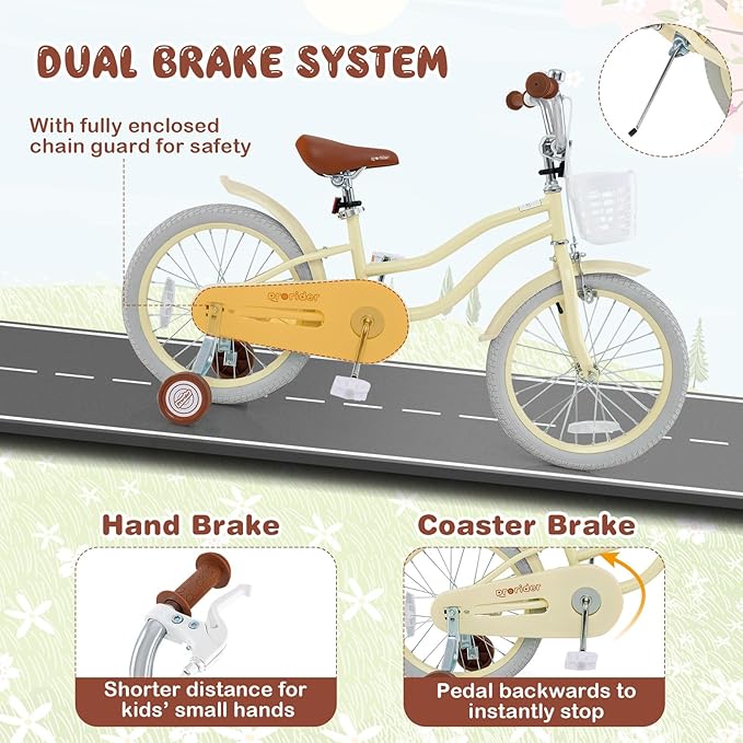BABY JOY Kids Bike, 12 14 16 18 20 Inch Boys Girls Bike w/Adjustable Seat, Removable Basket, Handbrake & Coaster Brake, Training Wheels or Kickstand, Kids Bicycle with Multi-Color