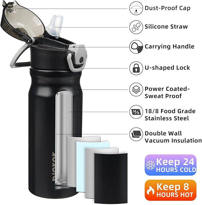 BJPKPK Water Bottle with Straw 18oz Insulated Water Bottles Reusable Stainless Steel Metal Thermal Flask with Leak Proof Lockable Lid and Carry Handle,Black