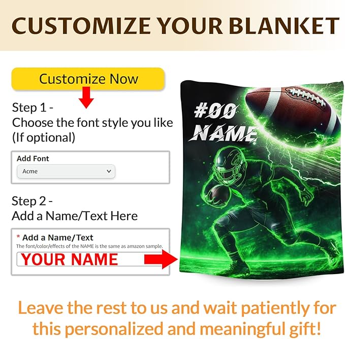 Custom Football Blanket, Custom Gift for Boys with Name, 40 x 30 Inches Soft Fuzzy Blanket for Kids 2-5, Cool Warm Flannel Throw Blanket for Sofa Room Decor, Travel, Chair