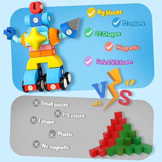 Joyfresh Foam Magnetic Blocks for Toddlers, 100pcs,Big Building Block for Kids 2 3 4 5 Years Old, Soft EVA Blocks Toys Gifts for Boys Girls