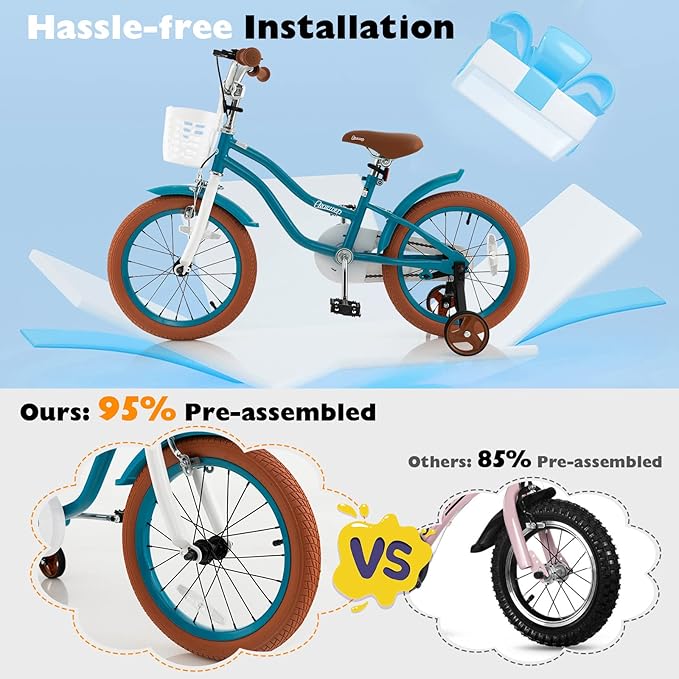 BABY JOY Kids Bike, 12 14 16 18 20 Inch Boys Girls Bike w/Adjustable Seat, Removable Basket, Handbrake & Coaster Brake, Training Wheels or Kickstand, Kids Bicycle with Multi-Color