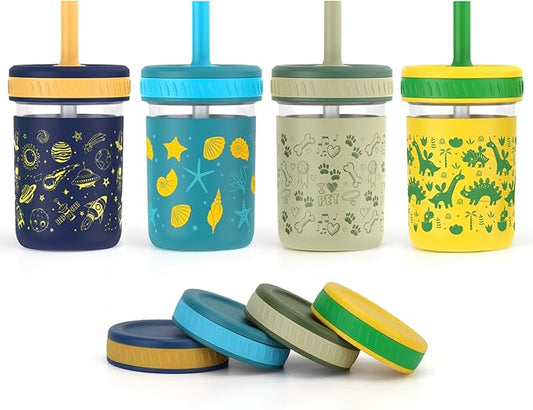 Sursip Toddler Glass Cups with Straw, Spill-Proof Kids Mason Jar Food Storage with Lids, Sippy Cups for Drinks, Smoothies, Snacks, Milk Cup [4 Pack] 8 oz 2-in-1