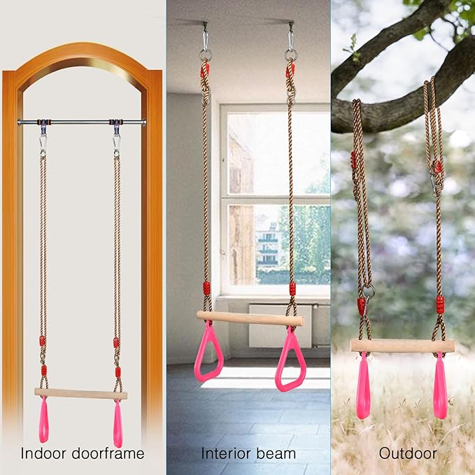 PELLOR Trapeze Bar Gym Rings -Trapeze Swing Bar for Playground Accessories Monkey Bars with Adjustable Rope Kit Equipment for Children Adult