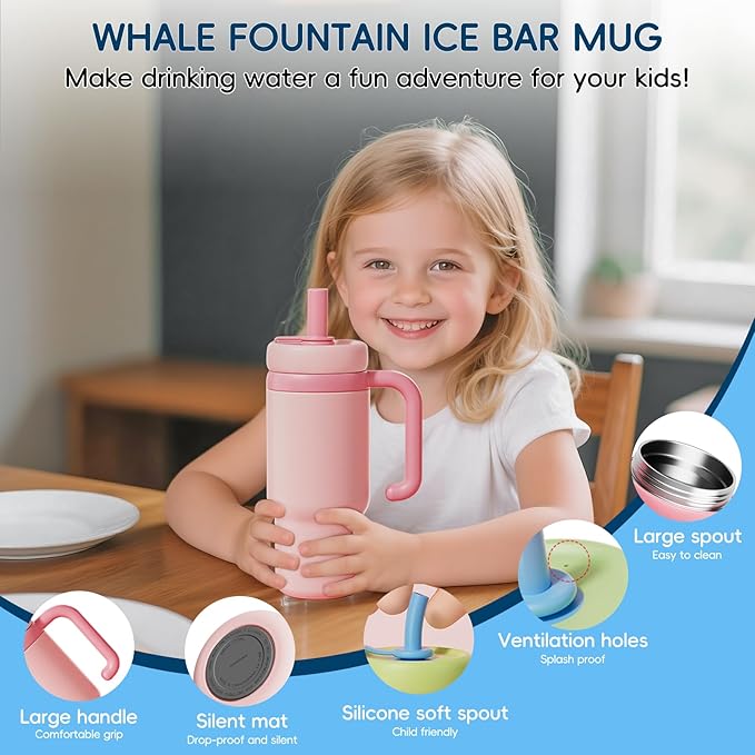 Insulated Whale Fountain Cup, 24 oz Stainless Steel Travel Mug with Handle, Leak-Proof Straw Cup, 2025 model - Washable. Suitable for children, teenagers and adults (Green dinosaur)