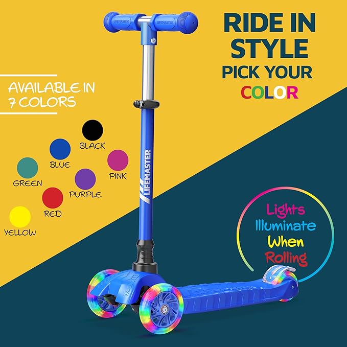 Lifemaster Mini 3-Wheel Kids Scooter with Multi-Color Wheel Lights – 4-Height Adjustable Handlebar, Wide Anti-Slip Deck, Child Safety Certified, Boys & Girls Ages 2+ Supports Up to 110 lbs