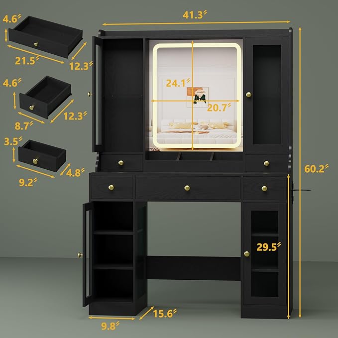 Vanity Desk with Mirror and Lights, Pink Makeup Vanity Table with 3 Modes & Adjustable Brightness, Glass Cabinets, Drawers, Outlet, Modern Dressing Table for Bedroom, Girls, Women, Teens