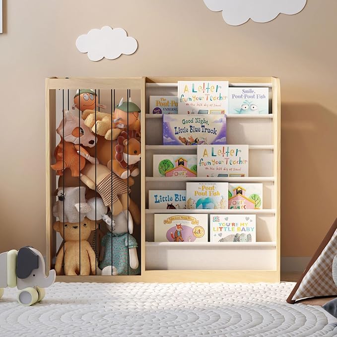 Natural Wood Kids Bookshelf & Stuffed Animal Net Holder Plush Toy Storage Organizer Child Bookcase Toddler Baby Sling Book Rack for Playroom Bedroom Nursery Infant Boys Girls Preschool