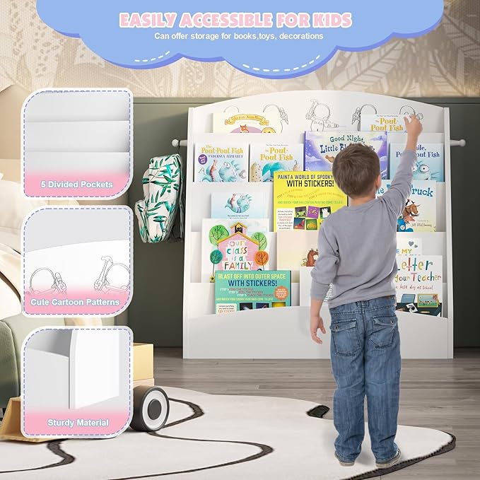 NACHES 5-Tier Kids Bookshelf - Toddler Book Display Shelves, Montessori Bookshelf for Kindergarten, Nursery, Bedrooms, Classrooms - Wooden Children Book Display (White)