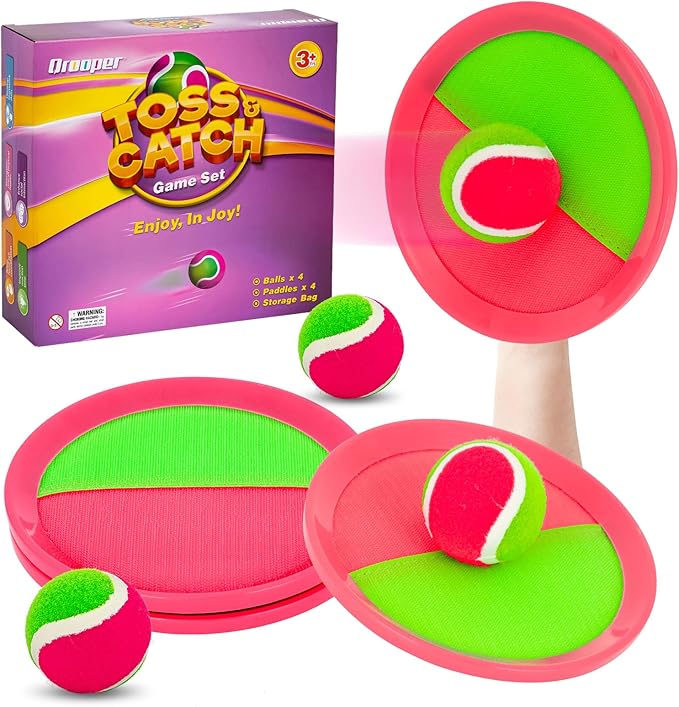 Kids Outdoor Toys - Toss and Catch Game Set, Outside Yard Camping Beach Pool Toys Games for Boys Girls 3 4 5 6 7 8 9 10 Year Old, 4 Paddles 4 Balls (Pink+Pink)