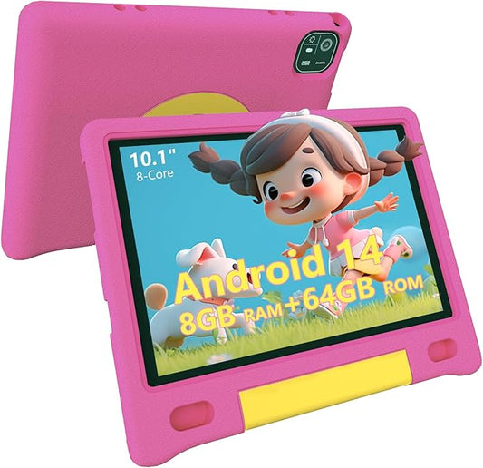 Kids Tablet 10", Android 14, 8GB+64GB (1TB Expandable), Octa-Core, 1280×800 HD Display, Dual Cameras, 12-Hour Battery, Parental Controls, Childs Tablet with Shockproof EVA Case