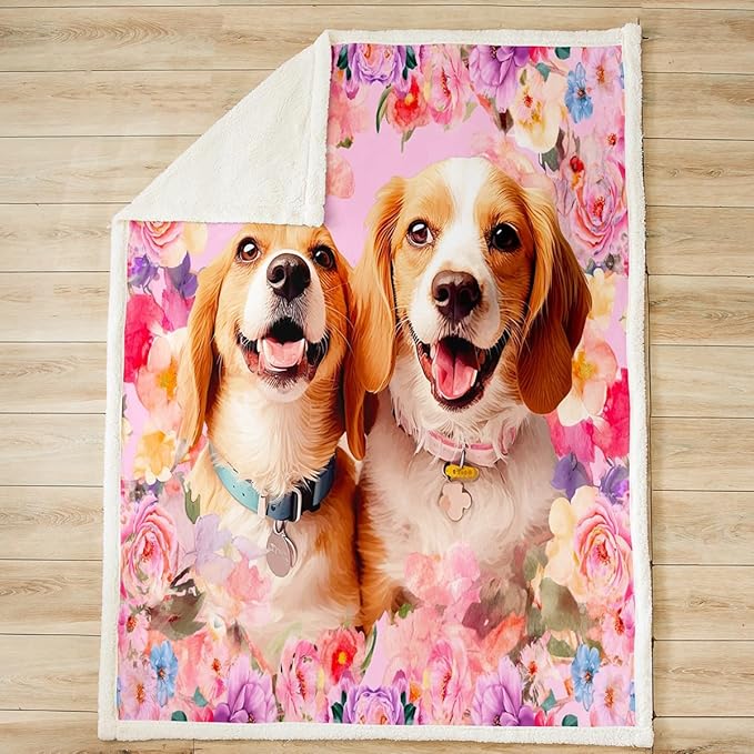 Cute Dog Toddler Fleece Throw Blanket Kids Cartoon Puppy Dog Sherpa Blanket Girls Pink Colorful Floral Fuzzy Blanket Kawaii Animal Plush Blanket for Sofa Bed Couch Lovely Pet Decor Baby 30x40 Inch