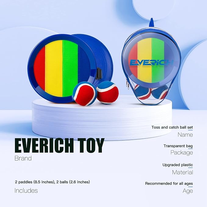 EVERICH Upgraded Toss and Catch Ball Game Set - Indoor and Outdoor Games for Kids 3-12, Beach Sand Pool Water Toy Includes 2 Paddles 2 Sticky Balls, Great Birthday Easter Gifts for Boys Girls