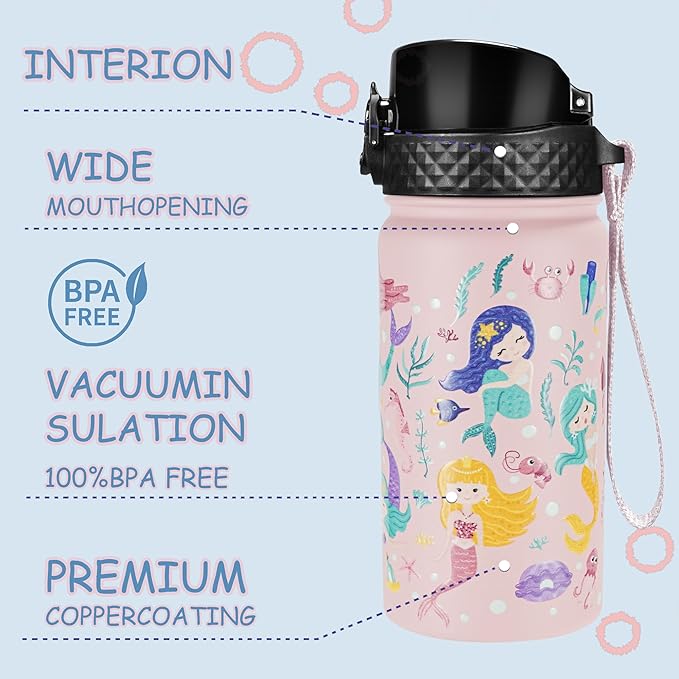GOPPUS Kids Water Bottle (Straw Lid) - 14 Oz Stainless Steel Travel Bottle, Double Wall Vacuum Leak Proof Kids Cup for School Boys Girls,Happy Mermaids