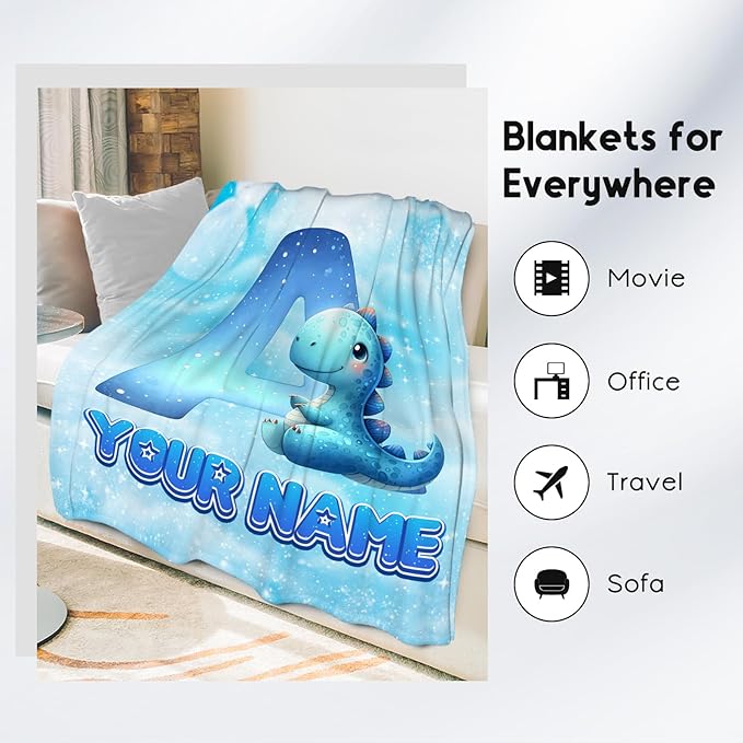 Dinosaur Blanket - Personalized Kids Blankets with Name for Boys Girls - Custom Monogram Gifts for Son Daughter - Lightweight Flannel Throws - 4 Sizes for Toddler/Children/Teens/Adults