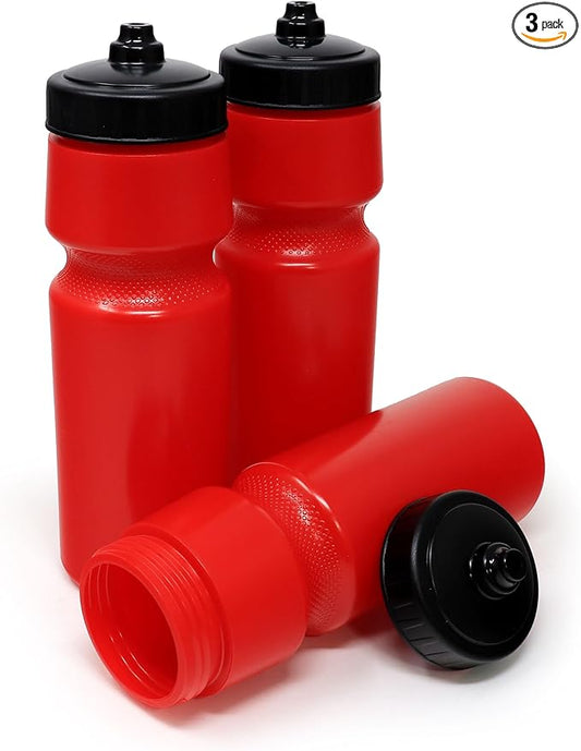 Rolling Sands USA Made 24 oz Sports Squeeze Water Bottles, 3 Pack, BPA-Free, Easy Drink One Way Flow Valve, Fits Most Bike Cages, Dishwasher Safe, Durable, Reusable and Lightweight, Red