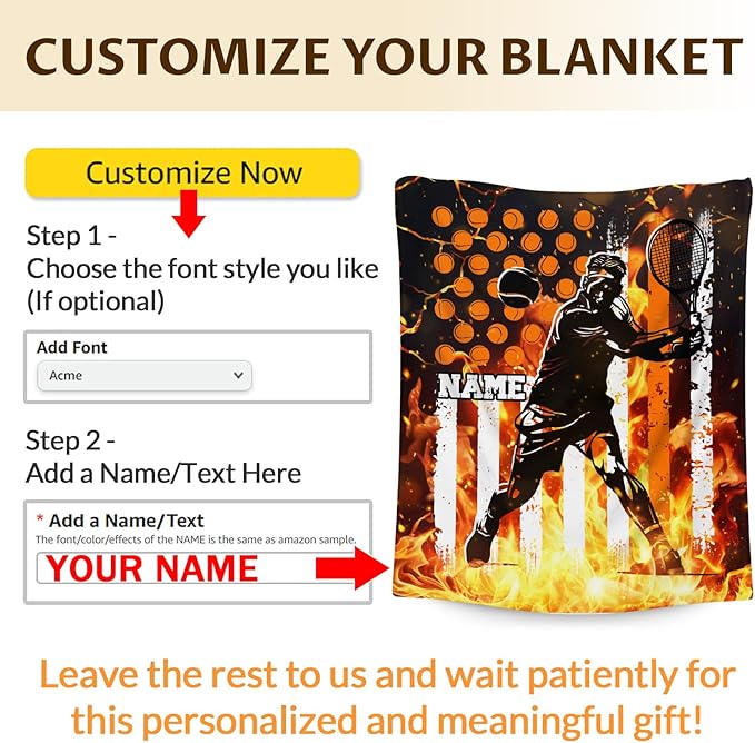 Personalized Name Blanket for Boys, Tennis Throw Blanket Gift for Kids Teens, Custom Stuff for Tennis Lovers, 50x40 Inches Sport Blanket for Couch Sofa Bed