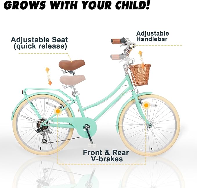 Glerc 20 24 26 Inch Beach Cruiser Bike, 6-Speed Hybrid City Bicycle for Girls Youth and Over 6 Years Old, Missy Bike with Wicker Basket & Lightweight, Multiple Colors