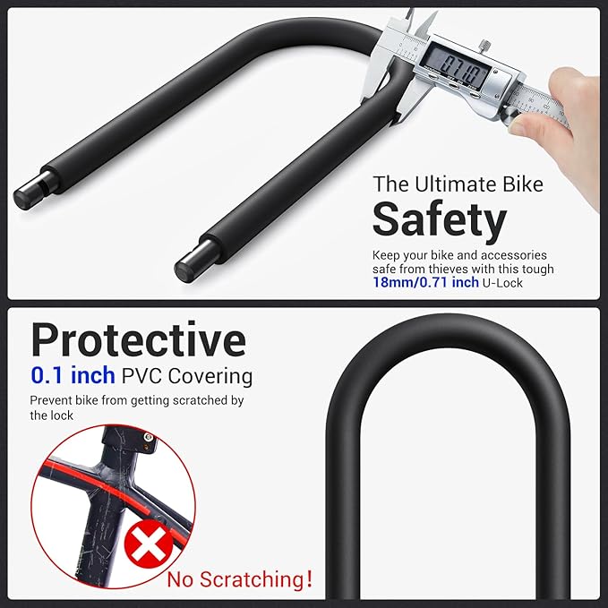 Sportneer Bike Lock: Heavy Duty Bike U Lock with 6ft Security Steel Cable - 18mm Shackle Bicycle U-Locks with Keys and Sturdy Mounting Bracket for Road Mountain Bike Bicycle, Size 11.5''x6.25''