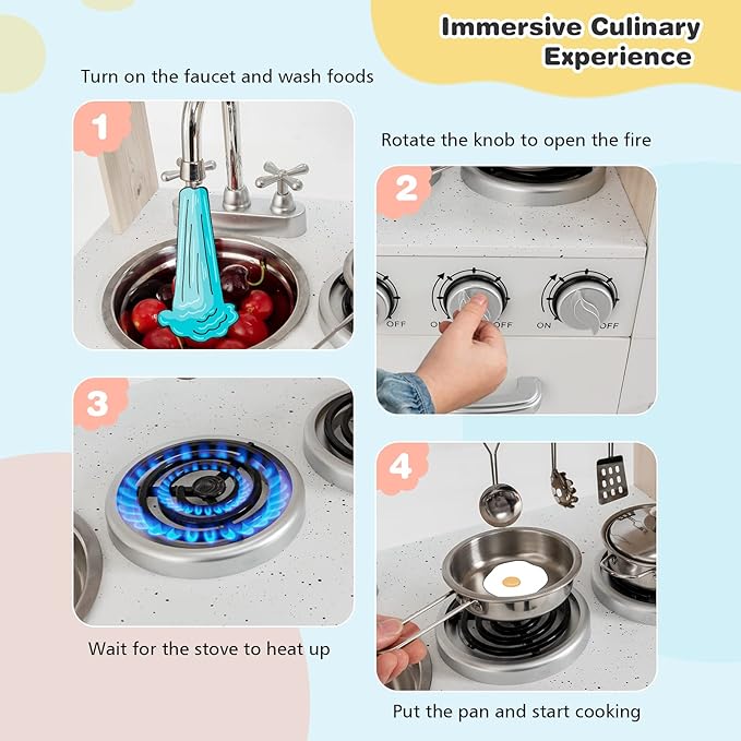 HONEY JOY Kids Kitchen Playset, Wooden Pretend Play Kitchen for Toddlers, Cookware Utensil, Phone, Clock, Water Dispenser, Storage Cabinet, Little Chef Toy Kitchen Set, Gift for Boys Girls 3+, Natural