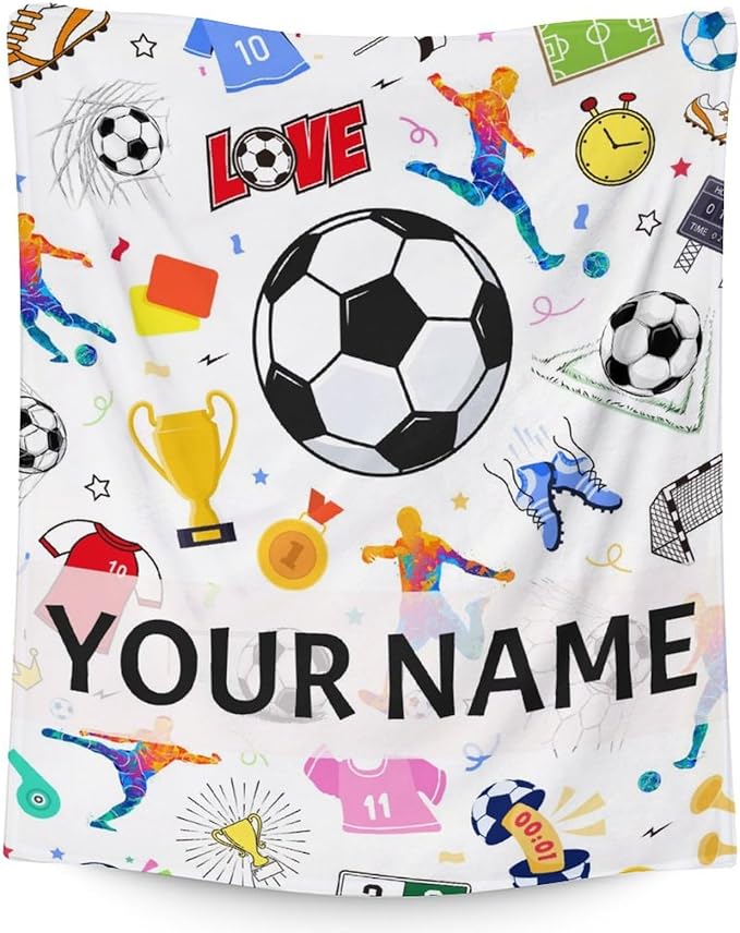 Personalized Soccer Blanket for Kids - 30x40 Inches Lap Size - Soft Fuzzy Cozy Throws Gifts for Soccer Players - Colorful Sports Throw Blanket for Couch, Living Room & Office