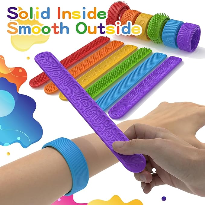 Sensory Fidget Toys for Kids, 6 Pack Textured Silicone Slap Bracelets, Stress Fidgets Toy for Classroom Anxiety Autism ADHD, Sensory Toys for Adults Office Desk, Travel, Airplane.